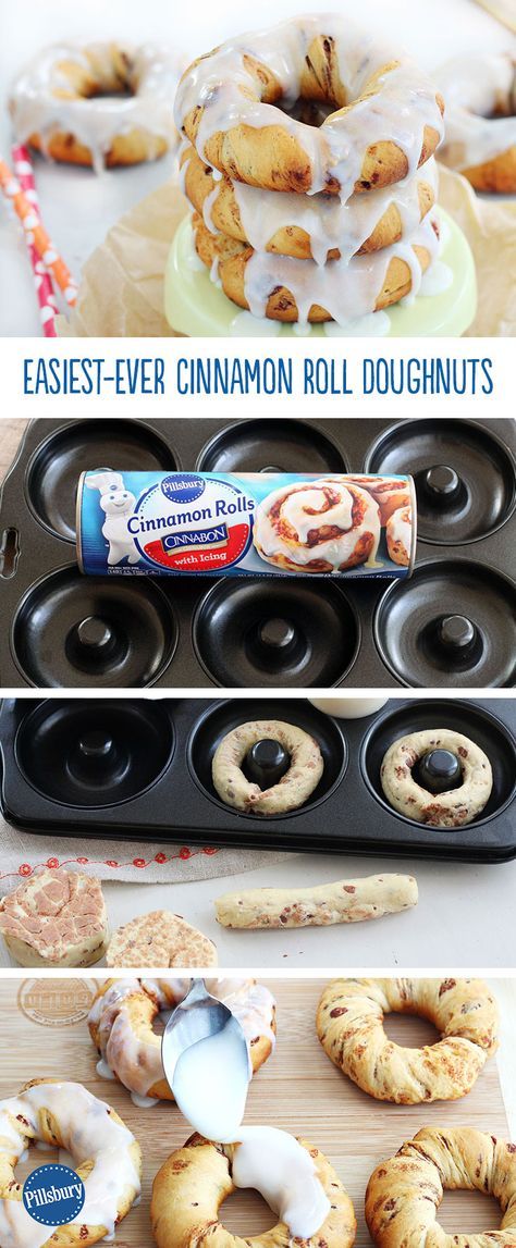 Cinnamon Roll Donuts Baked, Cinnamon Roll Donut, Biscuit Cinnamon Rolls, Pillsbury Cinnamon Rolls, Dessert Design, Doughnut Pan, Cinnamon Donuts, Pillsbury Recipes, Dessert Simple