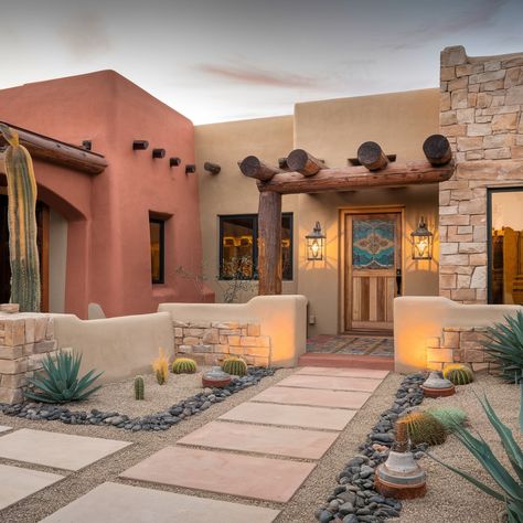 Southwestern-Style House 💖💖💖 Southwest Modern Home, Pueblo Revival Architecture, New Mexico Aesthetic Home, Southwest Ranch House, Santa Fe Style Homes Exterior, Arizona House Exterior, Desert Ranch House, Pueblo Style Homes, Modern Adobe House Exterior