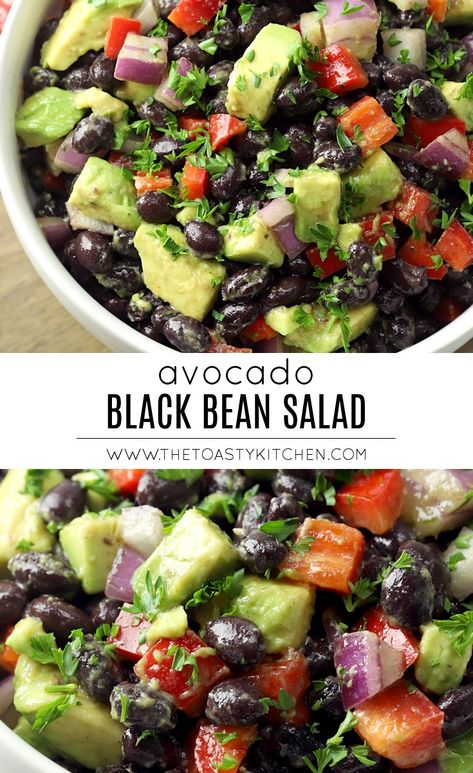 Avocado Black Bean Salad by The Toasty Kitchen #avocado #blackbeansalad #blackbeans #coldsalad #summer #lime #limevinaigrette #limezest #redpepper #lunch #lunchideas #easyrecipe #recipe #homemade Clean No Carb Meals, Black Bean Easy Recipe, What To Make With Avocados Recipe, 6 Ingredient Recipes Healthy, Mediterranean Avocado Recipes, Black Beans Dishes, Black Bean Meals Healthy, Low Carb Black Bean Recipes, Whole Foods Diet Clean Eating