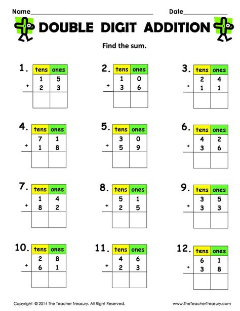 FREE Double Digit Addition (without regrouping) - 2 pages, 12 addition problems each. These pages are great for students who have difficulty with spacing and lining up their numbers. Adding Two Digit Numbers 2nd Grade, Addition With Regrouping Worksheets, Column Addition, Math Doubles, Addition Worksheet, Touch Math, Double Digit Addition, Addition And Subtraction Worksheets, Addition Facts