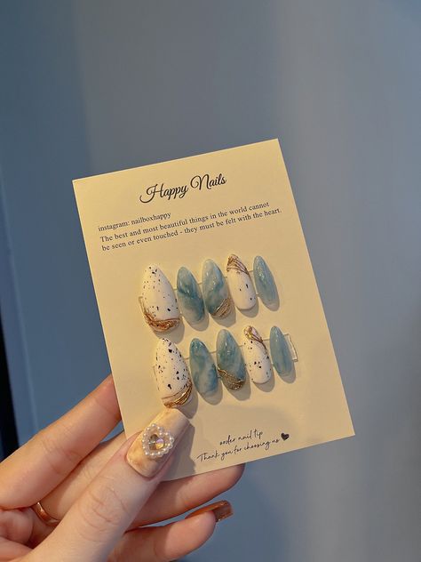 Blue marble nails , Happy nailbox handmade Pressed On Nails Packaging, Press On Nail Box Packaging, Press Nails Packaging, Press On Nails Card Design Ideas, Press On Nails Card Design, Press Ons Packaging, Nail Box Packaging, Fake Nails Packaging, Press On Packaging Ideas