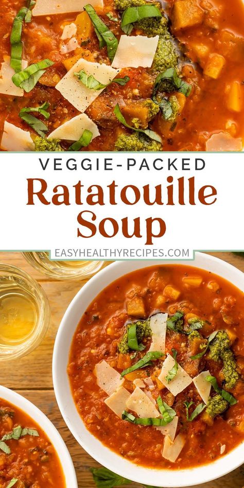 Packed with fresh summer veggies like eggplant, zucchini, bell pepper, and tomatoes, this hearty and nutritious ratatouille soup puts an easy yet delicious twist on a classic French recipe. Serve it with rich parmesan shavings, herbaceous pesto, and crusty French baguettes for the ultimate meatless meal. Ratatouille Soup, How To Make Ratatouille, Delicious Chili Recipe, French Recipe, 30 Minute Meals Easy, Meatless Meal, Summer Soup, Summer Veggies, Fresh Summer