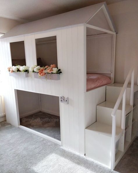 Trofast Toy Storage, Ikea Toddler Bed, Playhouse Loft Bed, Diy Kids Bed, Girls Loft Bed, Diy Toddler Bed, Girls Bunk Beds, Playhouse Bed, Ikea Kura Bed