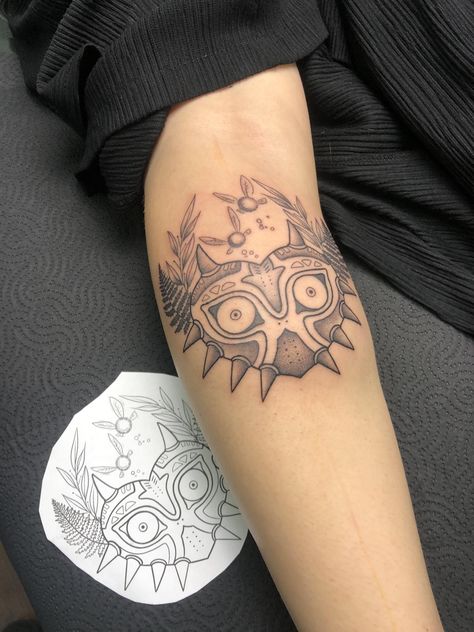 Majoras Mask Tattoo, Zelda Tattoo Ideas, Majoras Mask Moon, Majora's Mask Tattoo, Zelda Sleeve, Arm Tattoos For Guys Forearm, Wizard Tattoo, Taboo Tattoo, Nerdy Tattoos