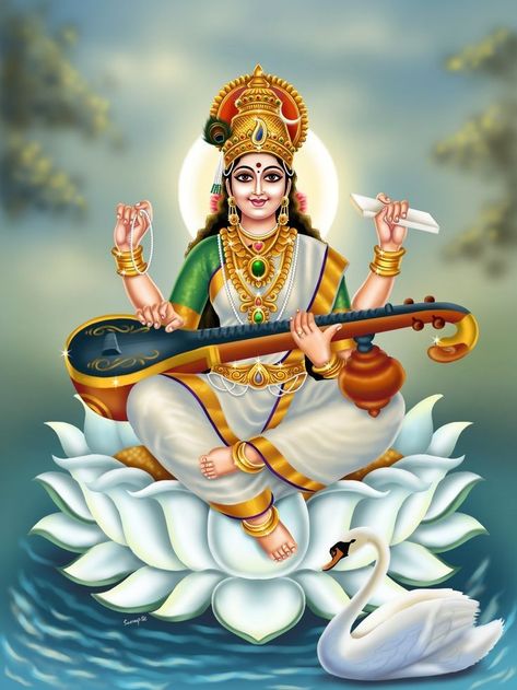 Mata Saraswati Painting, Saraswati Devi Painting, Maa Saraswati Painting, Maa Saraswati Drawing, Navratri Painting, Jai Maa Saraswati, Lord Saraswati, Dev Ghar, Saraswathi Devi