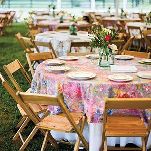 mismatched vintage tablecloth toppers! Farm-Style Wedding Celebration | Reception | Mismatched Tablecloths, Classy Backyard Wedding, Barbecue Wedding, Vintage Wedding Ideas, Southern Living Recipes, Wedding Dining, Banquet Ideas, Backyard Reception, Wedding Tablecloths