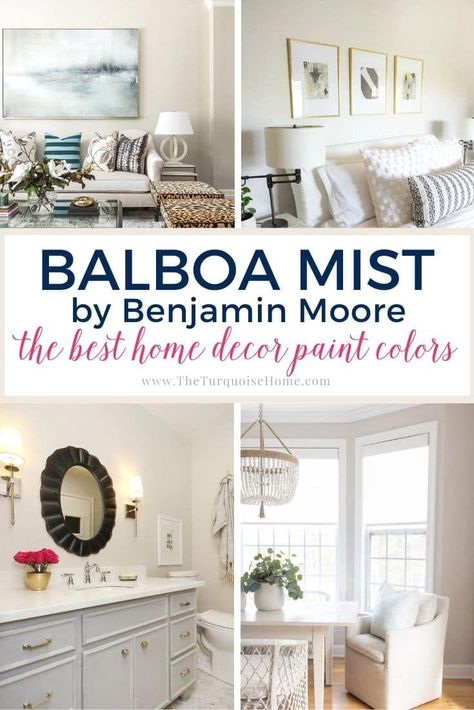 For today’s color spotlight, we’re talking about how you can use Benjamin Moore Balboa Mist in your home. This warm gray can work in many different settings, from kitchen cabinets to your guest bedroom. Learn what you can expect should you grab a paint roller and a can of Balboa Mist paint color! Bm Silver Satin, Balboa Mist Coordinating Colors, Balboa Mist Benjamin Moore, Mist Paint Color, Benjamin Moore Balboa Mist, Benjamin Moore Bedroom, Color Spotlight, Sage Green Paint Color, Balboa Mist