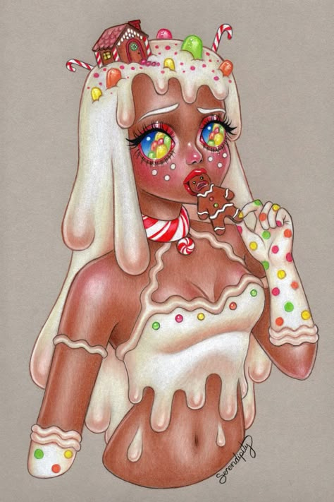 Kawaii Colored Pencil Drawing, Gingerbread Girl Drawing, Dope Girl Art, Gingerbread Drawing, Serendipity The Artist, Gingerbread Cartoon, Gingerbread Woman, Prismacolor Art, Merry Christmas And Happy Holidays