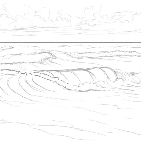 Ocean Wave Drawing Simple, How To Draw A Ocean, Surfing Drawing Reference, How To Draw The Ocean, How To Draw Waves Easy, Sea Drawing Pencil, How To Draw A Beach, Ocean Water Drawing, How To Draw Beach