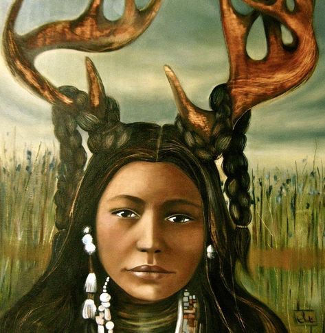 Deer Woman is a shape-shifting woman in Native American mythology. She allegedly appears at various times as an old woman, or a young beautiful maiden, or a deer. Some descriptions assign her a human female upper body and the lower body of a white-tailed deer. Deer Woman, Native American Myths, Native American Mythology, American Mythology, Oh My Goddess, Shape Shifting, Sacred Feminine, Native American Heritage, Old Woman