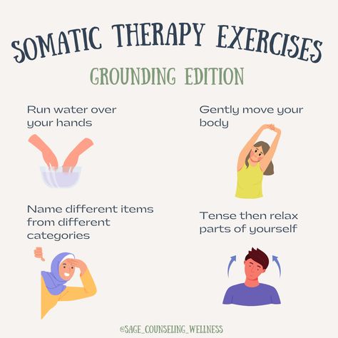 Somatic therapy exercises can be done at the comfort of your own home 😊 These grounding techniques can be helpful in relaxing the body and mind. Have you tried any of these?  ✨Interested in a yoga networking event for therapists in the ATL area? Click the link below to grab a free spot for Friday, June 7!   #somatictherapy #somatic #healing #mindfulness #selfcare #selfcarethreads #mentalhealthawareness #somatichealing #grounding #groundingtechniques #atlantatherapist #fltherapist Somatic Experiencing Therapy, Grounding Exercises Therapy, Somatic Mindfulness, Somatic Stretching, Somatic Therapy Exercises, Somatic Experience, Somatic Release, Lacrosse Training, Somatic Exercise