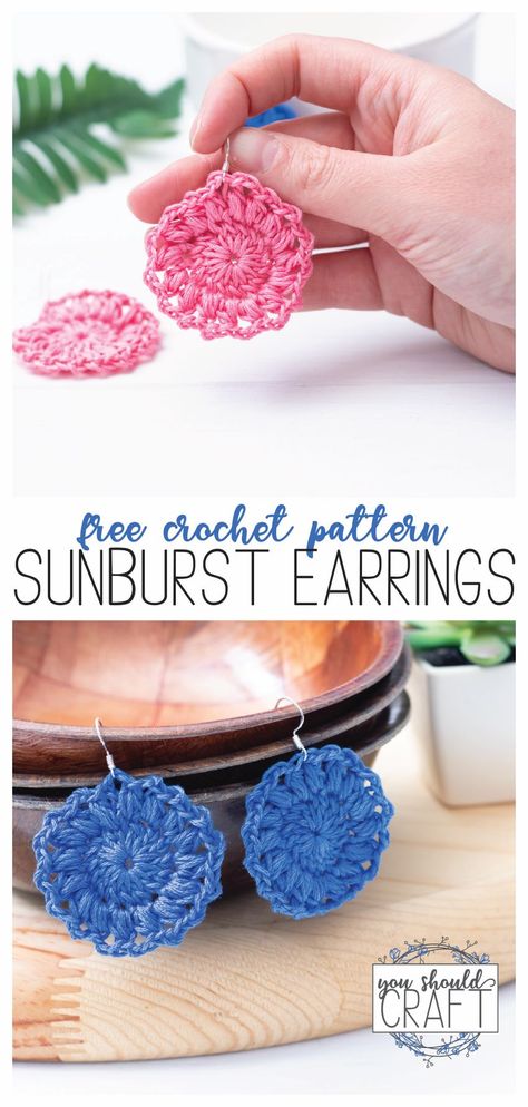 Crochet a pair of sunburst earrings using embroidery floss and a 2.5 mm hook. Use this free pattern and video for boho crochet earrings in under 20 minutes. Crochet Mandala Earrings Free Pattern, Round Crochet Earrings, Tiny Crochet Doilies Free Pattern, Crochet Doily Earrings Free Pattern, Boho Crochet Earrings Pattern, Crochet Easy Earrings, Crochet Earrings Pattern Diagram, Crochet Earring Tutorial, Free Crochet Earring Pattern