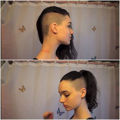 Shaved Side Hairstyles Women, Ch527kerosene Hair, Female Mohawk Shaved Sides Long Hair, Undercut Ideas, Deathhawk Hairstyles, Half Shaved Head Women, Side Shave, Deathhawk Long, Undercut With Bangs