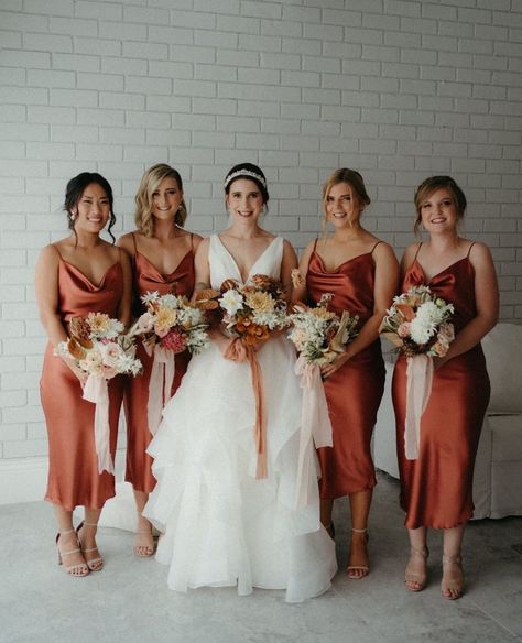 Tegan O'Brien : Floral Design on Instagram: “Hannah and her beautiful bride tribe wearing what has to be one of my favourite colours, rust. Yuuuum!⁠ ⁠ Captured by @tonesandharmony⁠��…” Bridesmaid Dresses Tea Length, Burnt Orange Bridesmaid, Dresses Tea Length, Bridesmaid Dresses 2017, Burnt Orange Bridesmaid Dresses, Beach Bridesmaids, Spaghetti Strap Bridesmaids Dresses, Tea Length Bridesmaid Dresses, Orange Bridesmaid