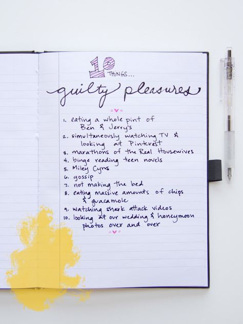 Guilty Pleasures List, Journaling Categories, Theatre Performer, Ocd Symptoms, Teen Novels, Journal Topics, Journaling Tips, Enneagram 9, Organization Bullet Journal