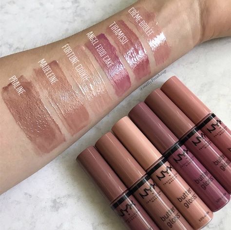 NYX Butter Glosses in Creme Brûlée, Tiramisu, Angel Food Cake, Fortune Cookie, Madeline, and Praline. Nyx Gloss Madeline, Lipgloss Nyx Butter Gloss, Nyx Lip Gloss Praline, Nyx Butter Gloss Salty Coco, Madeleine Nyx Butter Gloss, Lip Gloss Nyx Butter, Butter Gloss Creme Brulee, Tiramisu Nyx Butter Gloss, Creme Brulee Nyx Butter Gloss