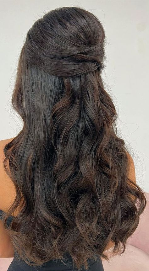 Half Up Half Down Curls Black Hair, Undone Half Up Hair, Prom Hair For Dark Hair, Prom Hairstyles Half Up Half Down Black, Big Curls Half Up Half Down, Brunette Half Up Half Down, Debs Hair, Beehive Hairstyle, Bridal Hair Half Up Half Down