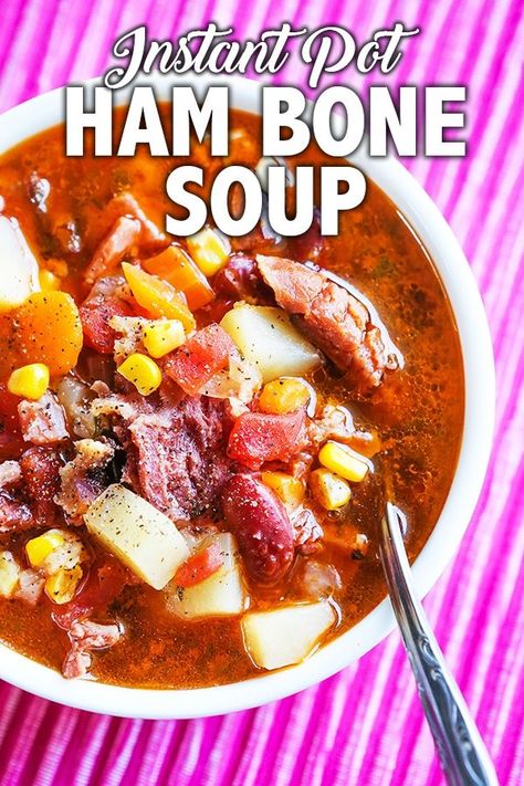 Use your leftover ham bone to make this comforting, hearty Ham Bone Soup in your Instant Pot! Pressure cooking this meal allows you to get dinner on the table in less than an hour and it tastes like it has been simmering in a slow cooker all day long. Packed with beans, potatoes and delicious flavor! #soup #instantpotsoup #hambonesoup #hamsoup Ham Bone Soup Recipes, Ham Bone Recipes, Leftover Ham Bone, Instant Pot Ham, Ham Bone Soup, Beans Potatoes, Bone Soup, Crockpot Ham, Ham Bone