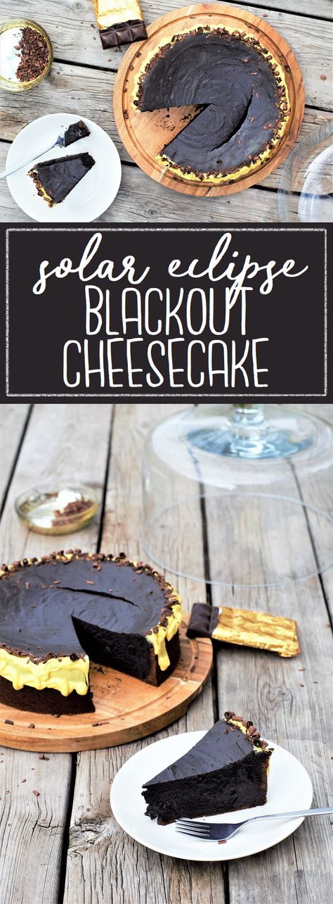 A once-in-a-lifetime total solar eclipse is the perfect excuse to dig into super-rich, melt-in-your-mouth dark chocolate cheesecake! Solar Eclipse Menu Ideas, Eclipse Macarons, Eclipse Inspired Food, Eclipse Pie, Solar Eclipse Party Theme, Eclipse Themed Desserts, Eclipse Breakfast Ideas, Solar Eclipse Treats, Solar Eclipse Dessert