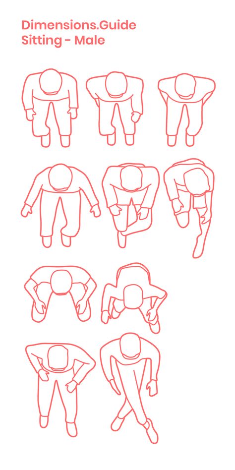 Collection of scaled drawings of men sitting as viewed from an aerial perspective, or plan view. Ranging in postures from casual, to reclined, these illustrations are useful for adding human scale and animation to plan drawings. Male shoulders have an average width of 18" | 46 cm. Downloads online #humans #men #sitting #people #plan Male Shoulders, Drawings Of Men, Aerial Perspective, رسم كاريكاتير, Human Scale, Human Sketch, Human Figure Sketches, Sketches Of People, Seni Dan Kraf