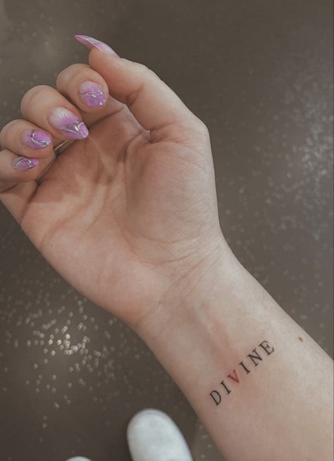 Divine Word Tattoo Ideas, I Win Tattoo, Divinely Protected Tattoo, Divine Tattoo Ideas, Divine Tattoo Word, Divinity Tattoo, Divine Timing Tattoo, Desire Tattoo, Divine Tattoos