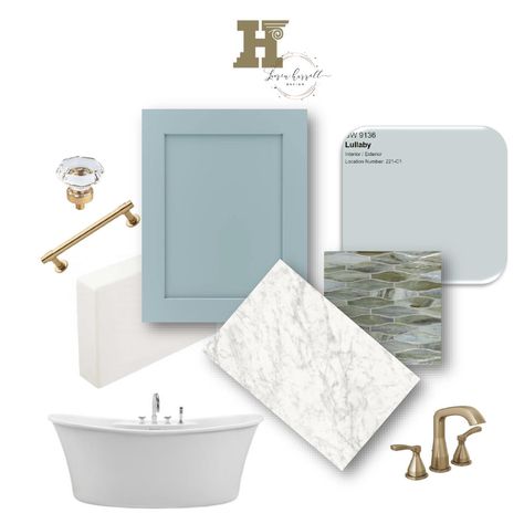 Blue Bathroom colors with brushed gold accents Light Blue And Gold Bathroom Ideas, Light Blue Bathroom Gold Fixtures, Powder Blue Master Bath, Light Blue And Gold Bathroom, Blue Bathroom Colors, Large Light Blue Tile Bathroom, Pale Blue Bathroom Tiles, Blue And Gold Bathroom, Blue Bathrooms Designs