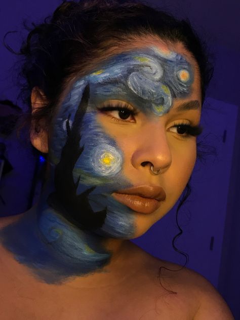 Honestly my fav look at the moment 😍 it took so long but I’m so happy with the result #makeup #starrynight #makeupartist #artisticmakeup #maquillaje #mua Stary Night Makeup Look, Starry Night Face Paint, Starry Night Makeup Look, Preshower Makeup, Starry Night Makeup, Face Painting Designs Creative, Cute Couple Halloween Costumes, Inspiration Painting, Pinterest Makeup