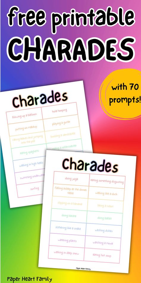 These Charades ideas are such fun actions! This free printable Charades game is perfect for families, teens and kids of all ages! With 70 prompts that actually make sense! Charades For Adults, Charades Ideas, Charades Words, Charades For Kids, Charades Game, Sensory Activities Toddlers, Rainy Day Fun, Free Printable Games, Activities For Girls