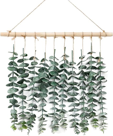 Material & Size : The hanging realistic artificial eucalyptus leaves are made of high quality plastic, never wither and always keep green. Wood Stick, Sisal rope. Size is 12.2 inch x15.7 inch / 31cmx40cm. (Not including the length of hanging rope) Handmade Craft : This vines plant is designed and imitated according to the real shape. Each plant is carefully selected and processed, and then hand-assembled on wooden sticks by our workers. Country Farmhouse Decor Living Room, Eucalyptus Wall Hanging, Boho Chic Home, Living Room Apartment, Artificial Plant Wall, Fake Plants Decor, Hanging Plant Wall, Artificial Eucalyptus, Wedding Wall Decorations