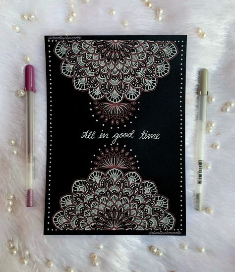 Black Cover Page Design, Mandala Cover Page, White Mandala On Black Paper, Hindi Notebook Cover Ideas, Mandala Painting Ideas, Aesthetic Art Projects, Pretty Hand Lettering, Gel Pen Art, Half Mandala