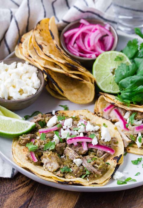 Taco Menu, Slow Cooker Pork Tacos, Tacos Menu, Slow Cooker Recipes Pork, Easy Taco Recipes, Tomatillo Sauce, Easy Pork Chops, Pulled Pork Tacos, Easy Pork Chop Recipes