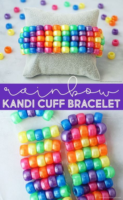 Rainbow Arrow Kandi Cuff Bracelet #kidscrafts #kidsactivities #teencrafts #teenactivities #campcrafts #summercrafts #ponybeads #kandicuff #kandi #rainbow #diyjewelry #diybracelet Beaded Bracelets Cuff, Beaded Bracelets Pony Beads, Kandi How To, How To Make Cuff Bracelets, Pony Bead Ideas Bracelets, Kandi Cuff Patterns Tutorials, Rainbow Kandi Cuff, Pony Beads Bracelet Ideas, How To Make Kandi Bracelets