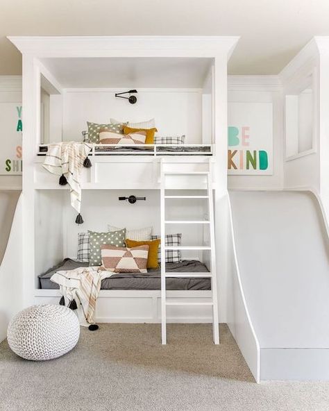 Kelsey Leigh Design, Rustic Bunk Beds, Grey Bunk Beds, Unique Bunk Beds, Bunk Bed Ideas, Modern Bunk Beds, Bunk Bed With Slide, Bunk Beds Built In, Wooden Bunk Beds