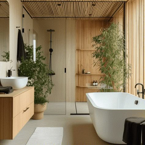 7 Secrets to Crafting a Luxurious Japandi Bathroom: Elevate Your Home with Timeless Style & Comfort - axxla interior design Wood Ceilings Bathroom, Japandi Bathroom Tiles, Wabi Sabi Bathroom Design, Japandi Master Bath, Japandi Exterior Design, Japandi Bathrooms, Asian Bathroom Ideas, Japandi Style Bathroom, Japandi Bathroom Ideas