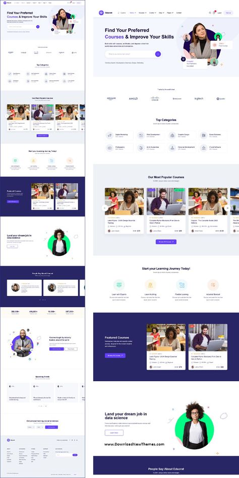 Educrat - Professional LMS Online Education Course Vue NuxtJs Template is a clean, elegant and modern design responsive premium Vue NuxtJS template for online courses, LMS, school, college, university, kindergarten, coaching, training, e-learning and education institutes professional website. It comes with 10 different homepage layouts, 75+ pre-designed inner pages and tons of amazing features  to download now & live preview click on image 🡵 Demo: Homepage 4 Lms Website Design, E Learning Website Design, Lms Design, Online Course Website Design, Learning Website Design, Course Web, Educational Platform, Homepage Layout, Professional Website