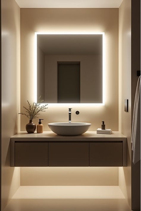 Floating vanity with backlit mirror in compact bathroom Restroom Lighting Ideas, Floating Bathroom Sink Ideas, Bathroom Mood Lighting, Small Floating Vanity, Floating Vanity Bathroom Modern, Washroom Vanity Designs, Floating Sink Bathroom, Revamp Bathroom, Modern Bathroom Lighting Ideas