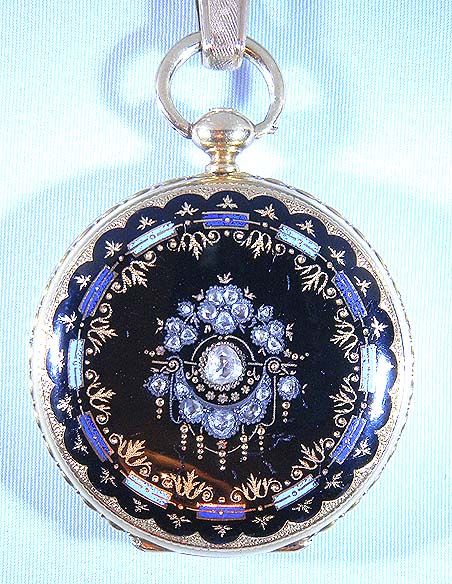 Borel and Courvoisier 18K Diamond Enamel - Bogoff Antique Pocket Watch # 6972 Old Pocket Watches, Antique Pocket Watch, Fob Watch, Pocket Watch Antique, Vintage Pocket Watch, Magical Jewelry, Pocket Watch Chain, Pendant Watches, Antique Watches