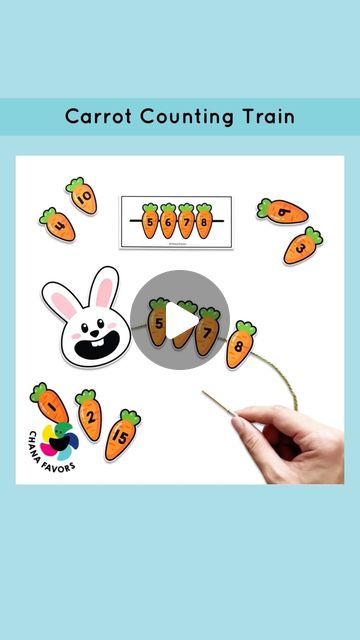 Chana Favors on Instagram: "Carrot Counting Train 

Carrot Counting Train - The perfect printable activity for preschoolers to learn numbers, sequences and improve fine motor skills! With a cute rabbit and numbered carrots, it’s perfect for homeschoolers and Easter celebrations. Get your printable now and make counting fun! 

☰What you’ll need:

* Chanafavors Printables

🌈 Shop for Printable PDF Files 🖨
Chanafavors.etsy.com 
(Click our profile for live link)

* Scissors
* Tape
* Yarn
* Toothpicks
* Straw

.

♡ Like , Share , and Save this post for later!

♡ Follow @chanafavors for more fun ideas

.

#chanafavors #preschoolactivities #preschoolathome #homeschoolpreschool #finemotorskills #finemotor #finemotoractivity #earlyyearsideas #earlyyearsmaths #preschoolmath #easteractivities #east Counting Carrots Preschool, Rabbit Activities For Preschool, Number Sequencing Activities, Early Years Maths, Activity For Preschoolers, Learn Numbers, Number Sequence, Sequencing Activities, Counting Activities