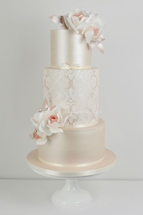 Blossom Tree Wedding, Wedding Cake Designs Elegant, Champagne Wedding Cakes, Blossom Cake, Damask Wedding, Wedding Cake Recipe, Lace Wedding Cake, Floral Wedding Cakes, Romantic Wedding Cake