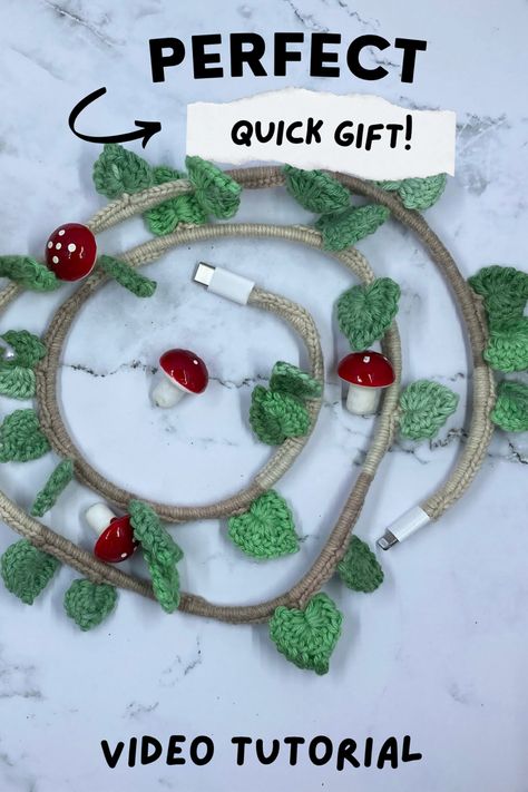 A video tutorial to show you how to crochet around a charger cord and turn it into a vine with heart shaped vine leaves sprouting from it. The transformed cables make wonderful last minute gifts and they’re a lot of fun to crochet. #crochet #freecrochetpattern #crochettutorial #crochetvideo #crochetphonecharger #crochetchargercable #quickcrochetproject Leaf Charger Crochet, Crochet Cord Cover Free Pattern, Diy Vine Charger, Crochet Vine Charger Pattern, Charger Crochet Leaf, Crochet Charger Cord Free Pattern, Crochet Vine Charger, Crochet Around A Cord, Crochet Charger Cord Cover