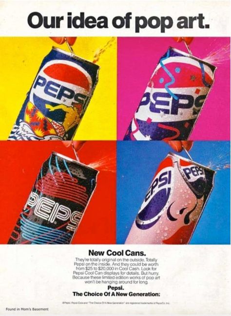 Vintage Pepsi Advertisement - Our Idea of Pop Art Pepsi Cool Can Pepsi Advertisement, 80s Ads, Art Coursework, Pepsi Ad, The Velvet Underground, Clock Vintage, Retro Ads, Pepsi Cola, Commercial Art