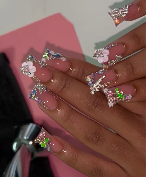 Junk Nails, Hard Nails, Girly Acrylic, Duck Nails, Drip Nails, Nails Design With Rhinestones, Colored Acrylic Nails, Acrylic Nails Designs, Girly Acrylic Nails