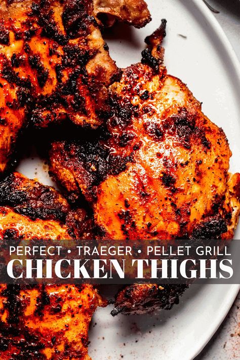 Learn how to make smoky and succulent BBQ chicken thighs with this easy Traeger Chicken Thighs recipe. It works with bone-in or boneless thighs, can be adapted for any pellet grill, and leaves you with wood-smoked chicken every time. Chicken Thighs Traeger, Traeger Grill Recipes Chicken, Traeger Chicken Thighs, Pellet Grilled Chicken, Smoker Recipes Chicken, Traeger Chicken, Smoked Chicken Recipes, Bbq Chicken Thighs, Chicken Thighs Recipe