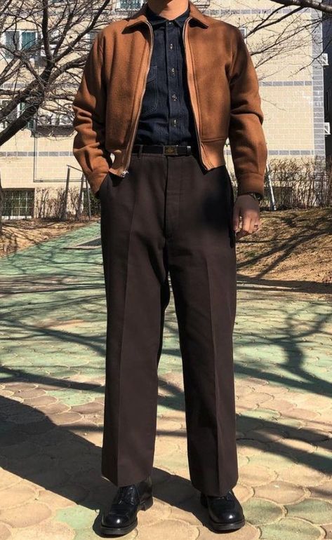 2020s Mens Fashion, Brown Smart Pants Outfit, Working Man Outfit, Colorful Retro Outfits Men, 80s Office Fashion Men, Winter Semi Formal Outfit Men, 90s Formal Fashion Men, Classy Mens Aesthetic, Vintage Outfits Classy Retro Men