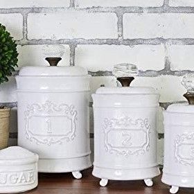 French Country Farmhouse Kitchen Canisters - White Ceramic Doorknob Canisters White Canisters For Kitchen, Farmhouse Canister Set, Farmhouse Kitchen Canisters, Mud Pie Kitchen, Condiment Containers, Ceramic Kitchen Canisters, Vintage Canister Sets, Country Farmhouse Kitchen, Kitchen Countertop Decor