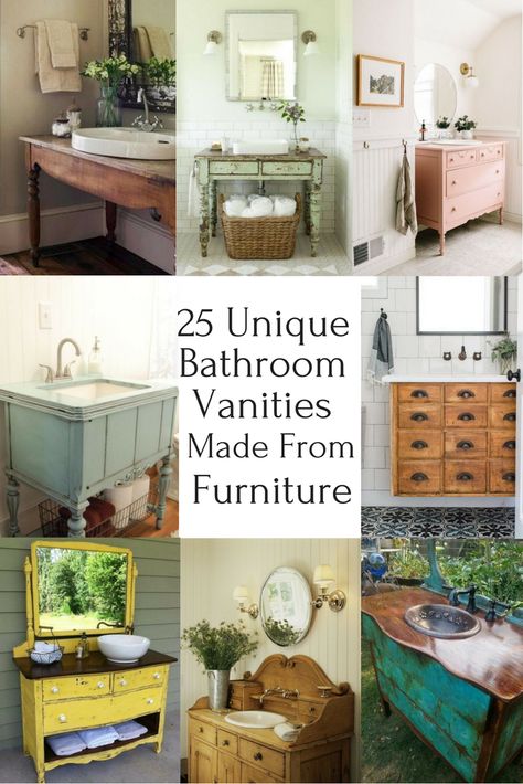 25 Unique bathroom vanities made frm old furniture #furnituremakeover #painttechniques #chalkpaint #farmhousecabinet #antiquecabine #farmhousestyle #diybathroomvanity #bathroommakeover Upcycled Bathroom Vanity, Dresser Vanity Bathroom, Vintage Bathroom Vanity, Antique Bathroom Vanity, Unique Bathroom Vanity, Diy Bathroom Vanity, Best Bathroom Vanities, Small Bathroom Vanities, Vanity Ideas