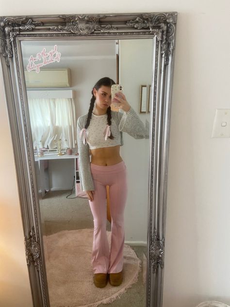 Coquette Pilates Princess, Grey Flared Leggings Outfit Coquette, Coquette Black Leggings Outfit, Outfits With Pink Flare Pants, Coquette Exercise Outfit, Pink Pilates Princess Winter Outfits, Ballet Core Gym Outfit, Pink Pilate Princess Outfits, Pink Pilates Princess Fall