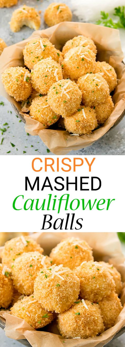 Crispy Baked Mashed Cauliflower Balls. A fun way to served mashed cauliflower and a good way to use up leftover mashed cauliflower. #cauliflower #thanksgiving #mashedcauliflower Cauliflower Balls Recipes, Leftover Cauliflower Recipes, Cauliflower Balls, Leftover Cauliflower, Mashed Potato Balls, Crispy Cauliflower, Steamed Cauliflower, Stuffed Potato Balls, Avocado Salad Recipes