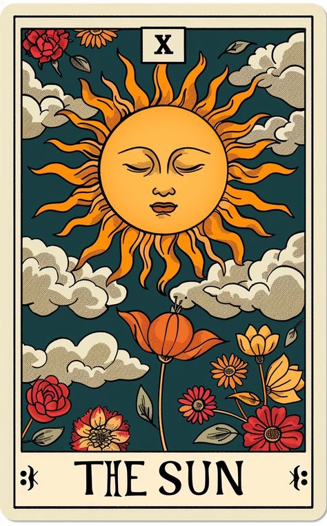 A tarot card of the sun, with clouds and flowers around it. The bottom right corner says "THE SUN". Sticker style, with a white background.      --ar   58:93 Sun Astrology Art, Tarot Cards Sun, Good Tarot Cards, Colorful Tarot Cards, All Tarot Cards Images, Sun Card Tarot, Tarot Card Print, Tarot Images, The Sun Tarot Card Wallpaper