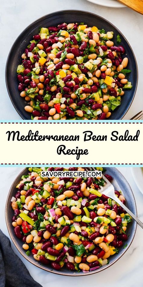 Looking for a refreshing and nutritious dish to elevate your Mediterranean dinner? This Mediterranean Bean Salad Recipe is packed with vibrant flavors and wholesome ingredients. Save this recipe for a quick and healthy meal option that will impress your guests and satisfy your cravings! Mediterranean Bean Dishes, Healthy Mediterranean Pasta Salad, Mediterranean Garbanzo Bean Recipes, Mediterranean Diet Pasta Salad, Mediterranean Dense Bean Salad, Mediterranean Bean Salad Recipes, Mediterranean Cabbage Salad, Medditeranean Lunch, Chickpea Mediterranean Salad